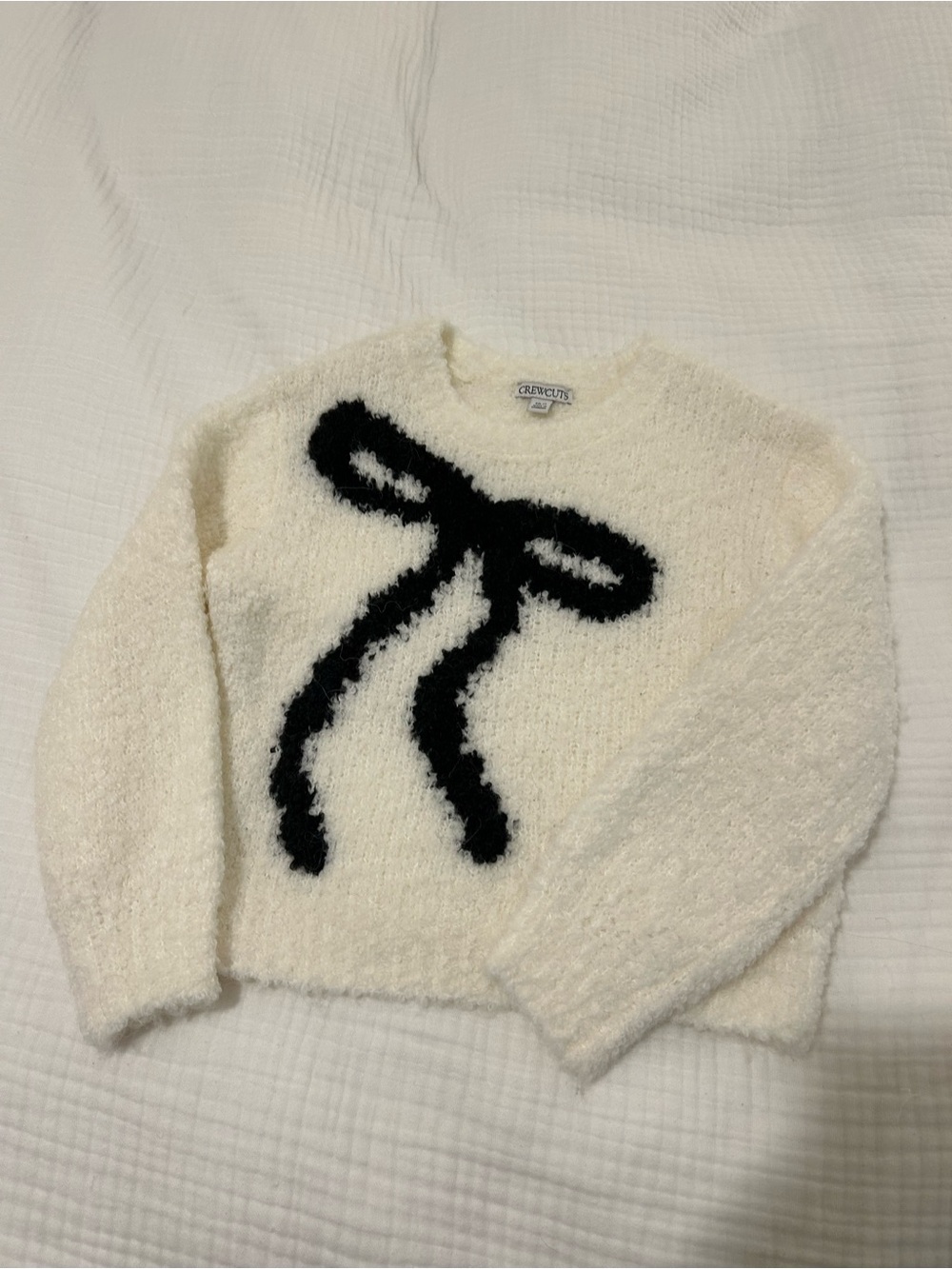 Crewcuts Cream Fuzzy Sweater with Black Bow